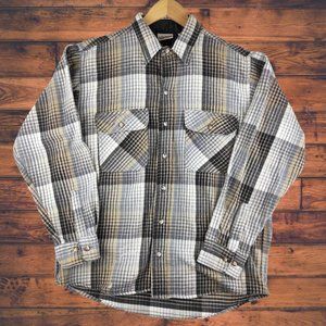 Vtg Field & Stream Flannel Button Up Shirt Plaid Beige Mens Sz L 100% Cotton USA